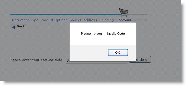 Error Message Shows When an Incorrect Account Code is Entered.