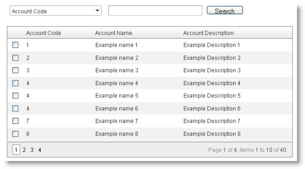 Example showing the page presented when the option "Users are shown a list of account codes" is selected.