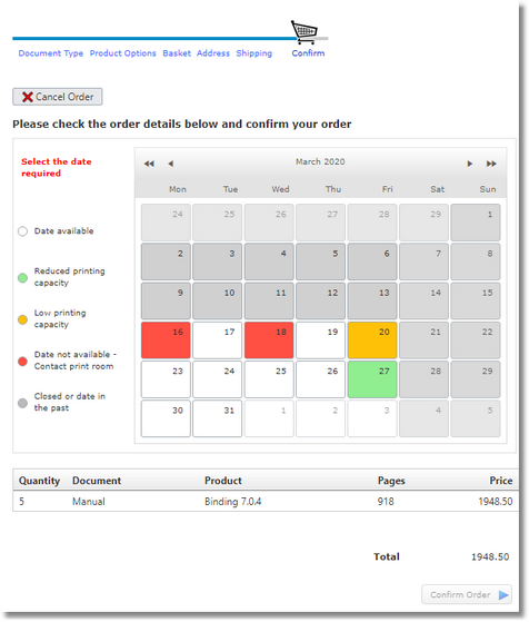 Example showing the Smart Calendar on the Confirmation page. Until a date is selected the order cannot be placed.