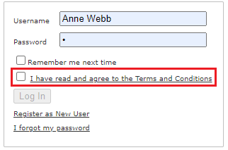 Example of a Login window with the Terms and Conditions option