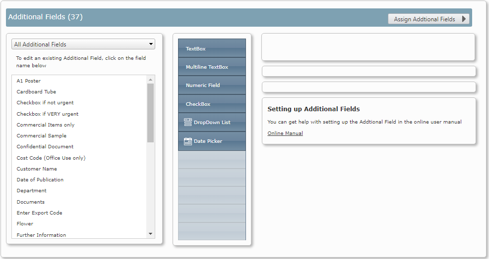 Example of the Define Additional Field Types window with 37 fields that have been defined.