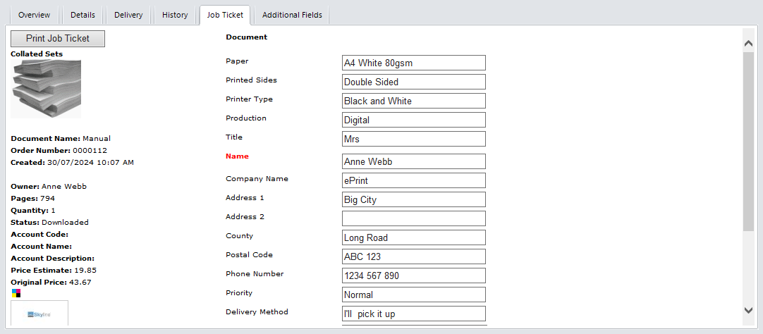 Example of the Job Ticket Tab in the Details Pane