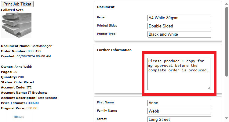 Example showing the product notes on the original job ticket