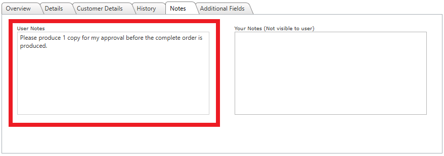 Example showing the product notes on the Notes tab when viewing the order for approval