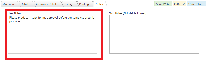 Example showing the product notes on the Details tab of Live Orders