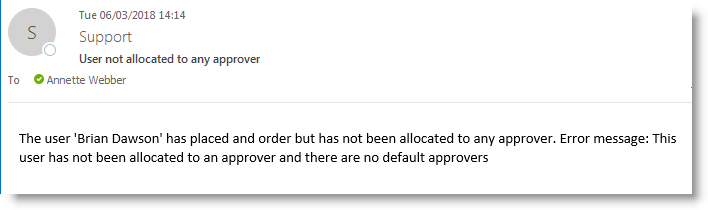 Example of email sent out when there is no assigned approver for a user and no default approver.