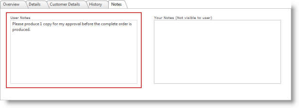 Example showing the product notes on the Details tab when viewing the order for approval.