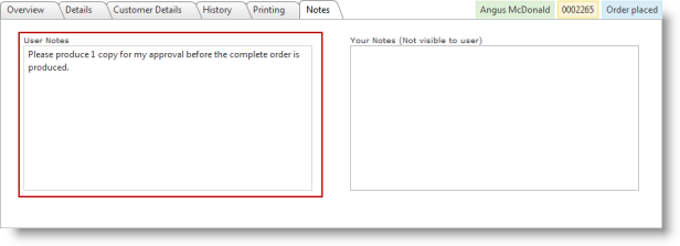 Example showing the product notes on the Details tab of Live Orders.