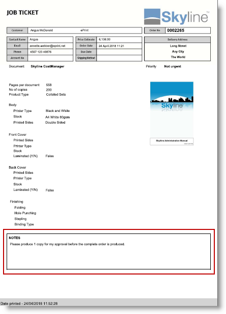 Example showing the product notes on the Standard Job Ticket.