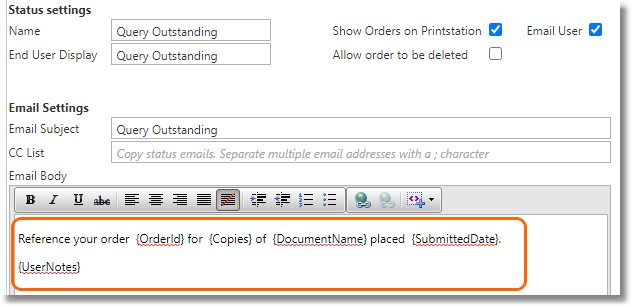 Example of a Query Outstanding email containing the UserNotes field.