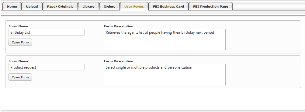 An example of the User Form tab containing two forms.