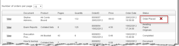 Example showing an order with the status Order Placed that can be deleted.