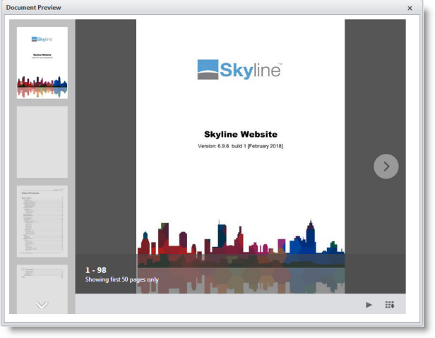 Example showing a Documnet Preview of a 98 page document. The number of pages that are available to preview are the first 50.