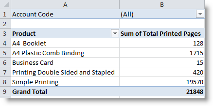Pivot Table Example showing all the account codes