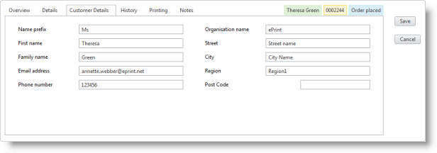 Example of the Customer Details tab information.