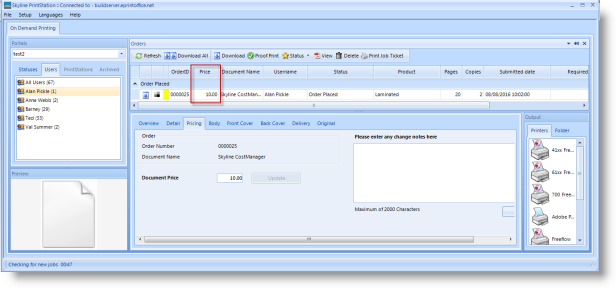 Example showing that pricing is displayed in PrintStation when the pricing is hidden from the person placing the order.